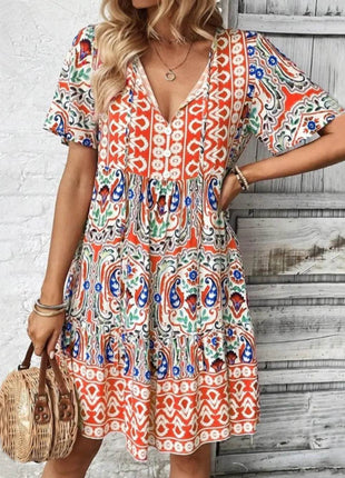 Printed Tie Neck Short Sleeve Dress - MimiStylez