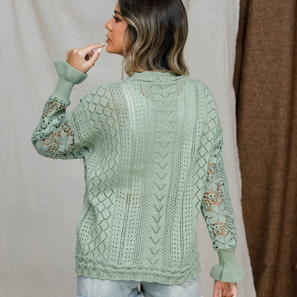 Eyelet Crochet Lantern Sleeve Sweater - MimiStylez
