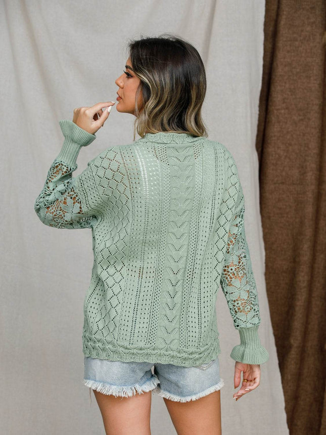 Eyelet Crochet Lantern Sleeve Sweater - MimiStylez