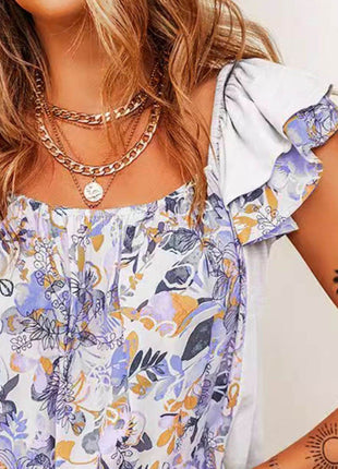 Ruffled Floral Square Neck Cap Sleeve Blouse - MimiStylez