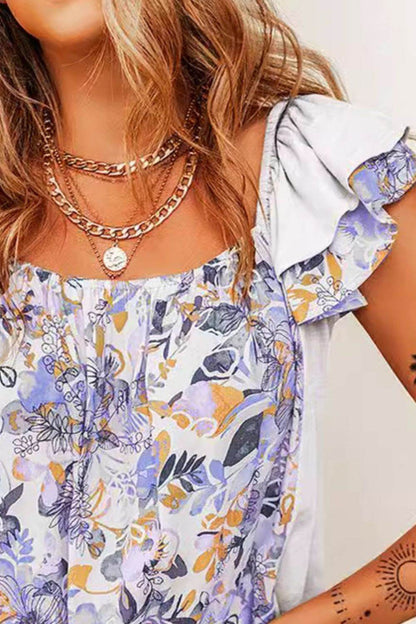 Ruffled Floral Square Neck Cap Sleeve Blouse - MimiStylez