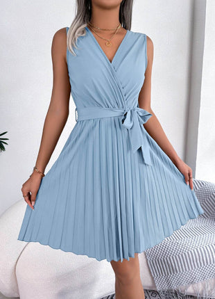 Tied Surplice Sleeveless Pleated Dress - MimiStylez
