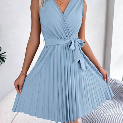 Tied Surplice Sleeveless Pleated Dress - MimiStylez