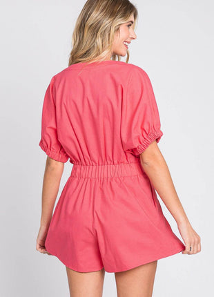 GeeGee Half Button V-Neck Linen Romper - MimiStylez