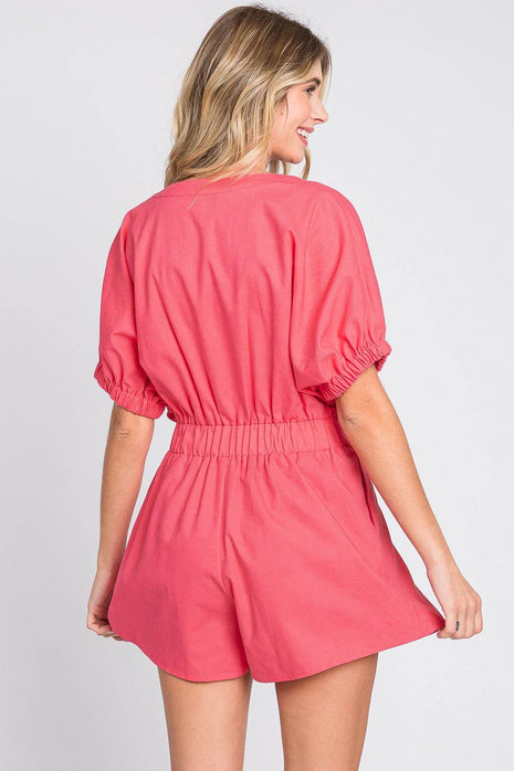 GeeGee Half Button V-Neck Linen Romper - MimiStylez