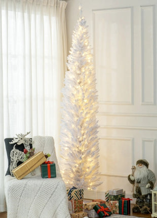 8FT Pre-Lit Pencil Noble Fir Christmas Tree With 300 Warm White LED Lights And 618 Tips