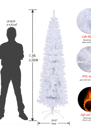 7.5 Feet White Slender Faux Christmas Tree Including Foldable Metal Stands