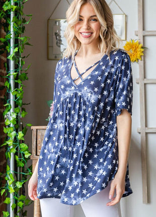 Heimish Full Size Short Sleeve Crisscross Star Babydoll Top - MimiStylez