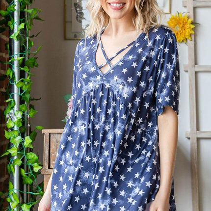 Heimish Full Size Short Sleeve Crisscross Star Babydoll Top - MimiStylez