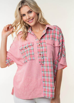 White Birch Plaid Color Block Half Button Top - MimiStylez