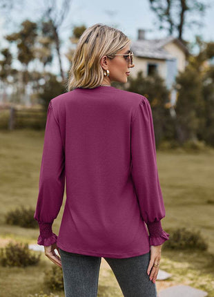 Notched Neck Flounce Sleeve Blouse - MimiStylez