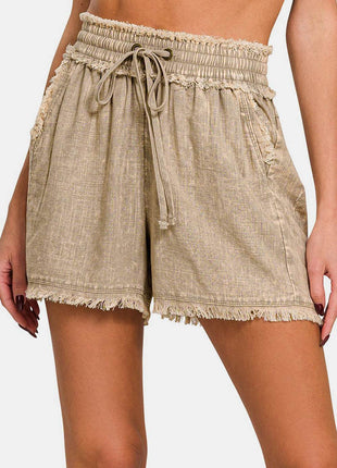 Zenana Washed Linen Frayed Hem Drawstring Shorts - MimiStylez