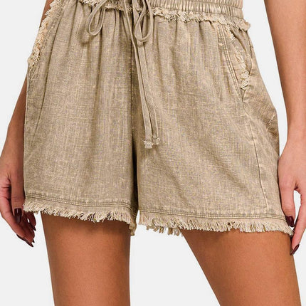 Zenana Washed Linen Frayed Hem Drawstring Shorts - MimiStylez
