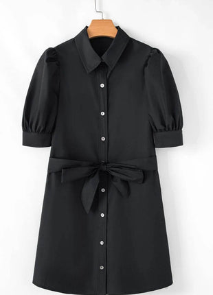 Button Up Tie Waist Puff Sleeve Mini Shirt Dress - MimiStylez