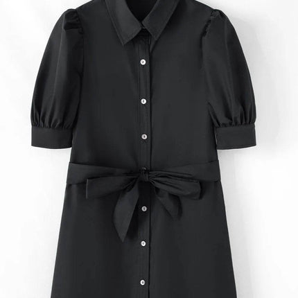 Button Up Tie Waist Puff Sleeve Mini Shirt Dress - MimiStylez
