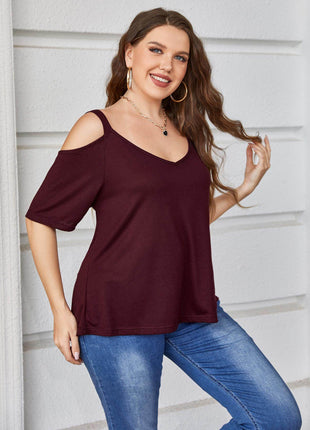 Plus Size V-Neck Cold-Shoulder Blouse - MimiStylez
