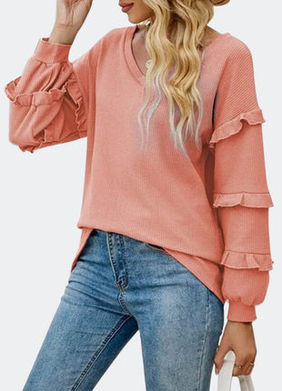 Ruffled V-Neck Long Sleeve T-Shirt - MimiStylez