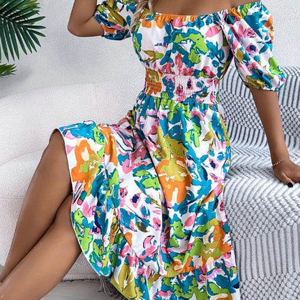 Ruffled Hem Smocked Floral Short Sleeve Midi Dress - MimiStylez