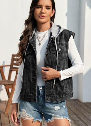 Pocketed Button Up Hooded Denim Jacket - MimiStylez