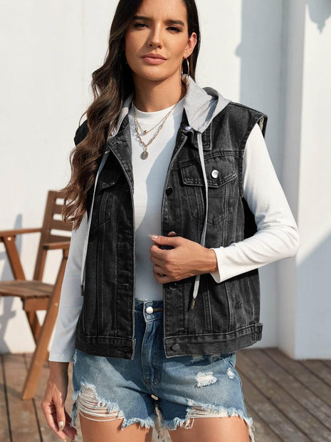Pocketed Button Up Hooded Denim Jacket - MimiStylez