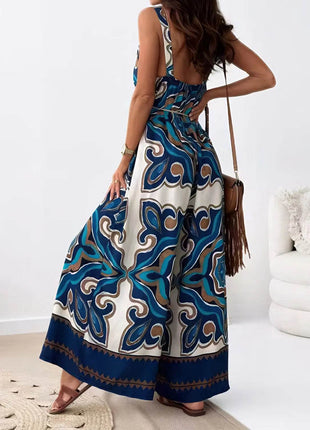 Printed V-Neck Wide Leg Jumpsuit - MimiStylez