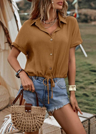 Drawstring Button Up Short Sleeve Blouse - MimiStylez
