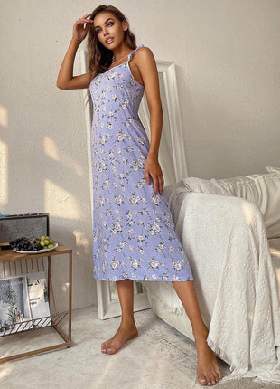 Printed Tie Shoulder Midi Night Dress - MimiStylez