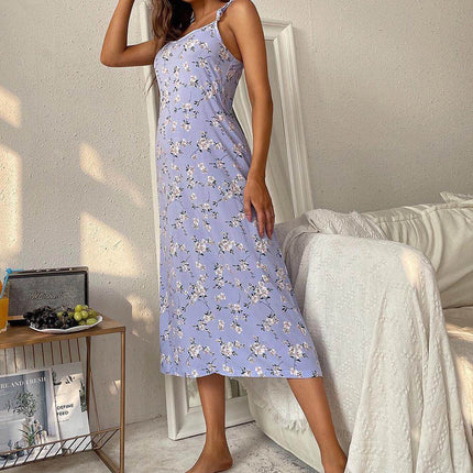 Printed Tie Shoulder Midi Night Dress - MimiStylez