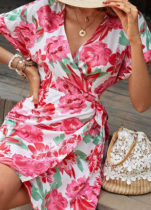 Floral Tied Short Sleeve Mini Dress - MimiStylez