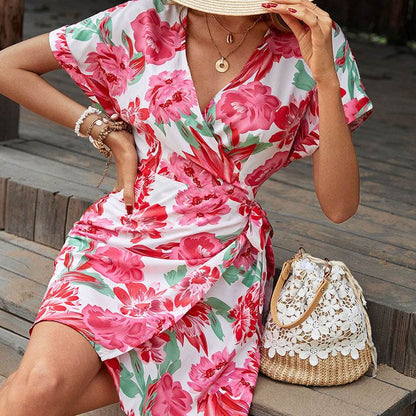 Floral Tied Short Sleeve Mini Dress - MimiStylez
