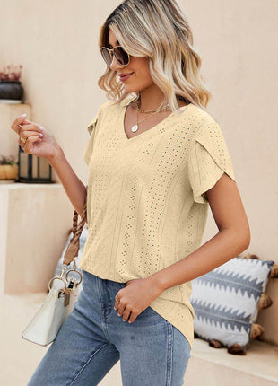 Eyelet Petal Sleeve V-Neck Knit Top - MimiStylez