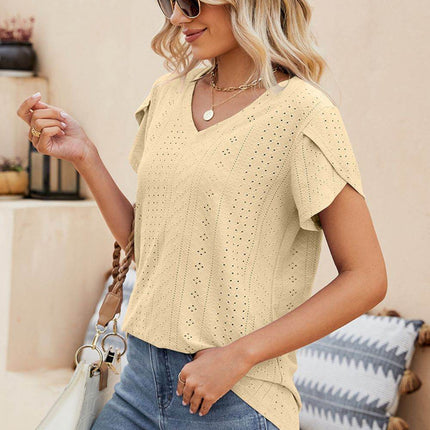 Eyelet Petal Sleeve V-Neck Knit Top - MimiStylez