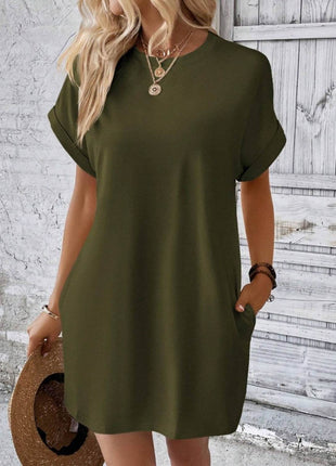 Pocketed Round Neck Short Sleeve Dress - MimiStylez