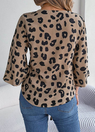 Tied Button Up Leopard V-Neck Blouse - MimiStylez