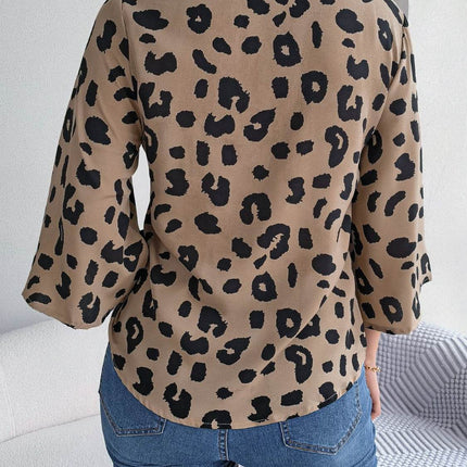 Tied Button Up Leopard V-Neck Blouse - MimiStylez