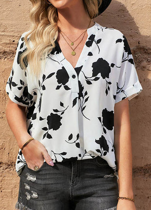 Full Size Printed Notched Short Sleeve Blouse - MimiStylez