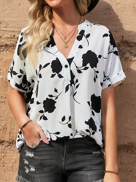 Full Size Printed Notched Short Sleeve Blouse - MimiStylez