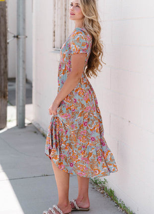 Floral Flounce Sleeve Round Neck Midi Dress - MimiStylez