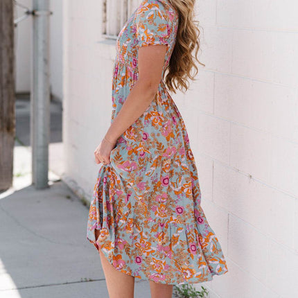 Floral Flounce Sleeve Round Neck Midi Dress - MimiStylez