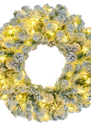 6FT Flocked Pre Lit Christmas Tree, With Garland & Wreath, Artificial Hinged Xmas Tree With Colorful LED Lights, 8 Lighting Modes, Pine Cones