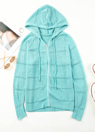Zip-Up Raglan Sleeve Openwork Hooded Cardigan - MimiStylez