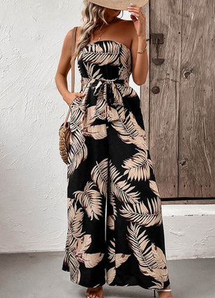 Printed Strapless Wide Leg Jumpsuit with Pockets - MimiStylez