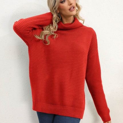 Slit Turtleneck Dropped Shoulder Sweater - MimiStylez