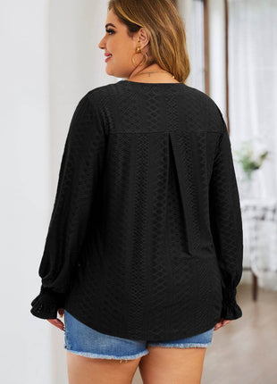 Plus Size Eyelet Notched Flounce Sleeve Blouse - MimiStylez