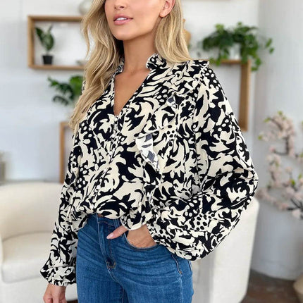 Double Take Full Size Printed Ruffle Trim Balloon Sleeve Shirt - MimiStylez