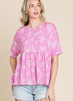 BOMBOM Floral Round Neck Peplum Blouse - MimiStylez