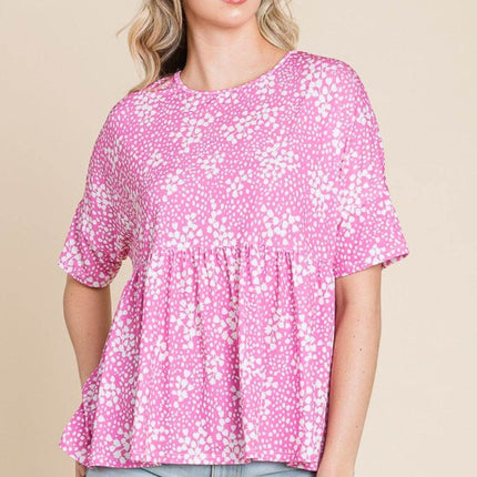 BOMBOM Floral Round Neck Peplum Blouse - MimiStylez