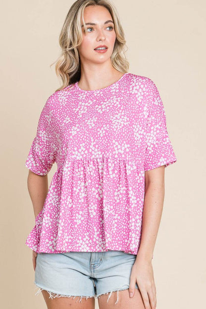 BOMBOM Floral Round Neck Peplum Blouse - MimiStylez