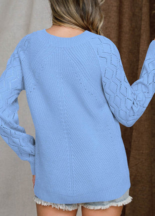 Openwork Round Neck Raglan Sleeve Sweater - MimiStylez
