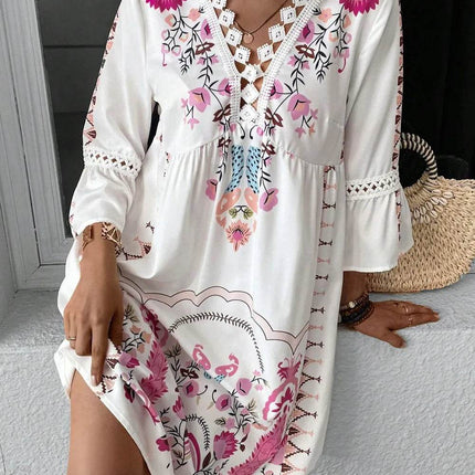 Lace Detail Printed Three-Quarter Sleeve Dress - MimiStylez